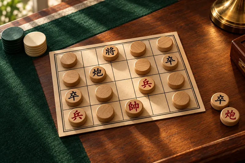 木桌上的暗棋對局：半張棋盤上有些棋子還蓋著，有些已翻開露出紅黑字
