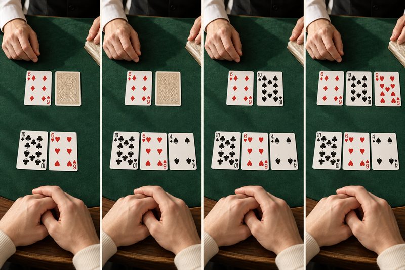 21 點一局的四格實拍：開局、玩家補牌、莊家翻暗牌、莊家補牌