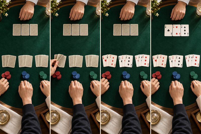 三公一局的四格實拍：發三張、掀角看牌、閒家開牌、莊家開牌